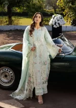 KAHF, luxury lawn 25’ , 3 PIECE SUIT , unstitched, lawn , aqua blue color , KLR-02B, front