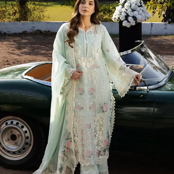 KAHF, luxury lawn 25’ , 3 PIECE SUIT , unstitched, lawn , aqua blue color , KLR-02B, front