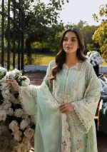 KAHF, luxury lawn 25’ , 3 PIECE SUIT , unstitched, lawn , aqua blue color , KLR-02B, sleeves