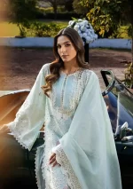 KAHF, luxury lawn 25’ , 3 PIECE SUIT , unstitched, lawn , aqua blue color , KLR-02B, front shirt sleeves and dupatta