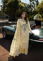 KAHF, luxury lawn 25’ , 3 PIECE SUIT , unstitched, lawn , lemon yellow color , KLR-03, front