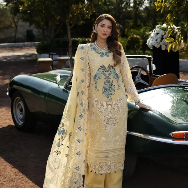 KAHF, luxury lawn 25’ , 3 PIECE SUIT , unstitched, lawn , lemon yellow color , KLR-03, front