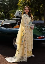 KAHF, luxury lawn 25’ , 3 PIECE SUIT , unstitched, lawn , lemon yellow color , KLR-03, front, dupatta