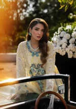 KAHF, luxury lawn 25’ , 3 PIECE SUIT , unstitched, lawn , lemon yellow color , KLR-03, front shirt neck and sleeves