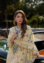 KAHF, luxury lawn 25’ , 3 PIECE SUIT , unstitched, lawn , lemon yellow color , KLR-03, front dupatta