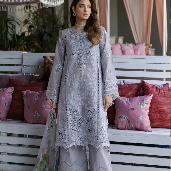 KAHF, luxury lawn 25’ , 3 PIECE SUIT , unstitched, lawn , grey color , KLR-04, front