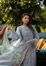 KAHF, luxury lawn 25’ , 3 PIECE SUIT , unstitched, lawn , grey color , KLR-04, front dupatta