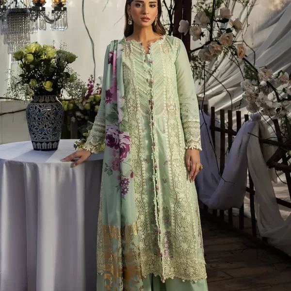 KAHF, luxury lawn 25’ , 3 PIECE SUIT , unstitched, lawn , mint green color , KLR-05, front