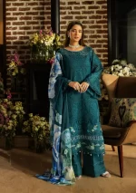 KAHF, luxury lawn 25’ , 3 PIECE SUIT , unstitched, lawn , teal green color , KLR-06, front