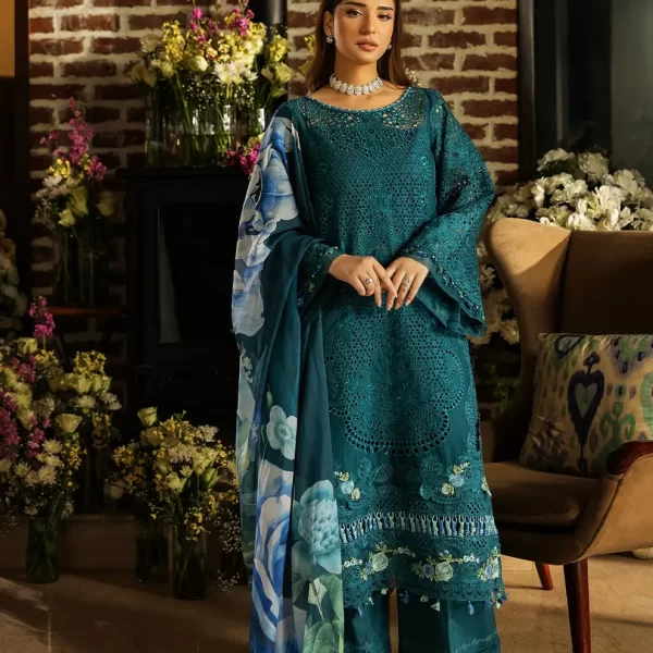 KAHF, luxury lawn 25’ , 3 PIECE SUIT , unstitched, lawn , teal green color , KLR-06, front