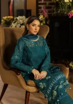 KAHF, luxury lawn 25’ , 3 PIECE SUIT , unstitched, lawn , teal green color , KLR-06, front dress