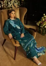 KAHF, luxury lawn 25’ , 3 PIECE SUIT , unstitched, lawn , teal green color , KLR-06, front dupatta