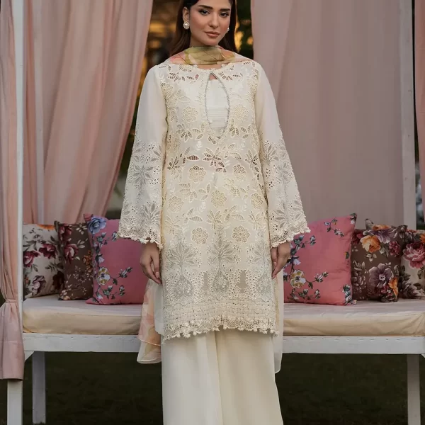 KAHF, luxury lawn 25’ , 3 PIECE SUIT , unstitched, lawn , OFFWHITE color , KLR-07, front