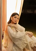 KAHF, luxury lawn 25’ , 3 PIECE SUIT , unstitched, lawn , OFFWHITE color , KLR-07, sleeves