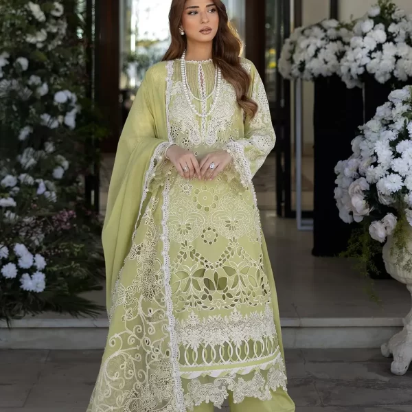 KAHF, luxury lawn 25’ , 3 PIECE SUIT , unstitched, lawn , apple green color , KLR-08, front
