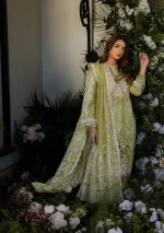 KAHF, luxury lawn 25’ , 3 PIECE SUIT , unstitched, lawn , apple green color , KLR-08, front shirt and dupatta