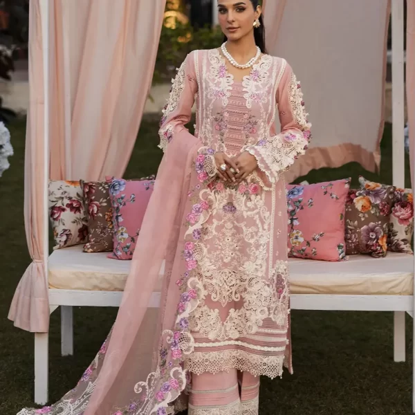 KAHF, luxury lawn 25’ , 3 PIECE SUIT , unstitched, lawn , TEA PINK color , KLR-09, front