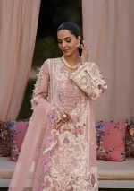 KAHF, luxury lawn 25’ , 3 PIECE SUIT , unstitched, lawn , TEA PINK color , KLR-09, front shirt and sleeves