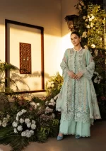 KAHF, luxury lawn 25’ , 3 PIECE SUIT , unstitched, lawn , sky blue color , KLR-10, front