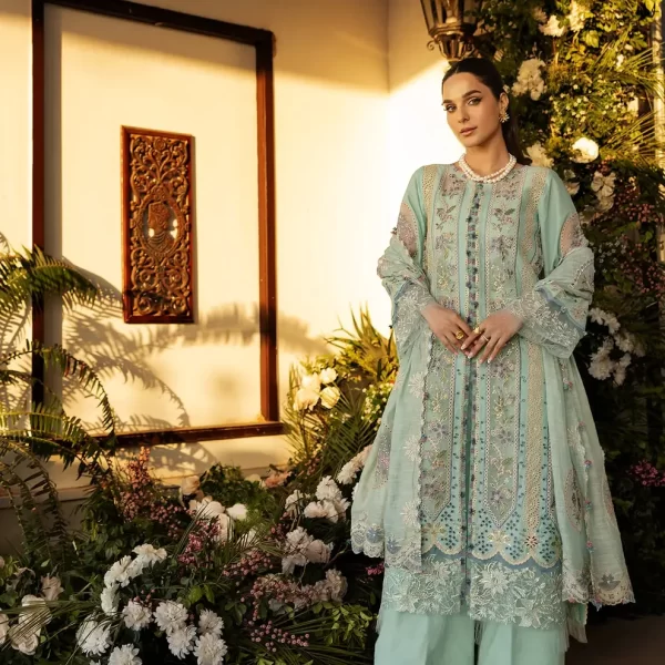 KAHF, luxury lawn 25’ , 3 PIECE SUIT , unstitched, lawn , sky blue color , KLR-10, front