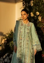 KAHF, luxury lawn 25’ , 3 PIECE SUIT , unstitched, lawn , sky blue color , KLR-10, front shirt