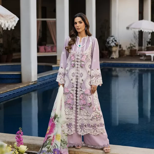 KAHF, luxury lawn 25’ , 3 PIECE SUIT , unstitched, lawn , lilac color , KLR-11, front