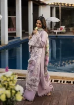 KAHF, luxury lawn 25’ , 3 PIECE SUIT , unstitched, lawn , lilac color , KLR-11, front sleeves