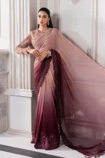 Pakistani clothing brands maria b new embroidered collection, unstitched chiffon saree or lehenga style with blouse, ash pink ombre colour, BD-3001, front style 1