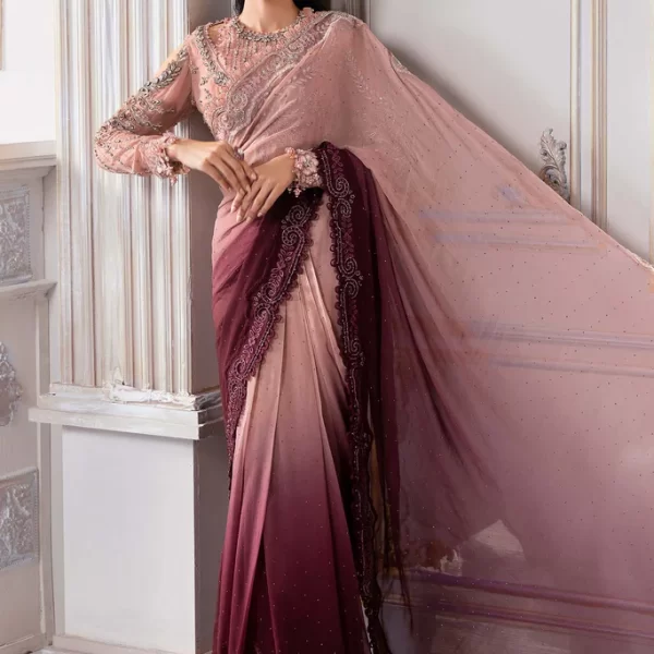 Pakistani clothing brands maria b new embroidered collection, unstitched chiffon saree or lehenga style with blouse, ash pink ombre colour, BD-3001, front style 1
