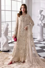 Pakistani clothing brands maria b new embroidered collection, 3 piece chiffon suit, offwhite, BD-3007, front