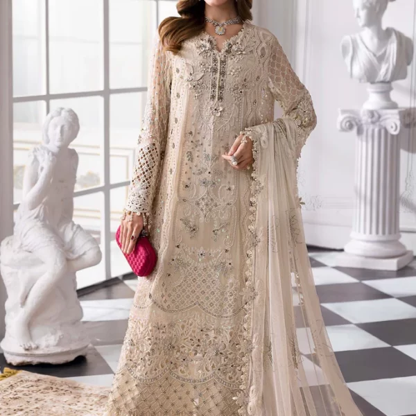Pakistani clothing brands maria b new embroidered collection, 3 piece chiffon suit, offwhite, BD-3007, front