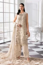 Pakistani clothing brands maria b new embroidered collection, 3 piece chiffon suit, offwhite, BD-3007, front salwar kameez & dupatta