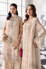 Pakistani clothing brands maria b new embroidered collection, 3 piece chiffon suit, offwhite, BD-3007, front with two different styles