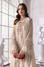 Pakistani clothing brands maria b new embroidered collection, 3 piece chiffon suit, offwhite, BD-3007, front top