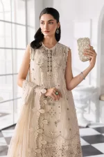Pakistani clothing brands maria b new embroidered collection, 3 piece chiffon suit, offwhite, BD-3007, front style