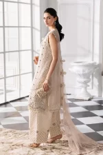 Pakistani clothing brands maria b new embroidered collection, 3 piece chiffon suit, offwhite, BD-3007, shirt & trouser