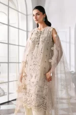 Pakistani clothing brands maria b new embroidered collection, 3 piece chiffon suit, offwhite, BD-3007, front shirt
