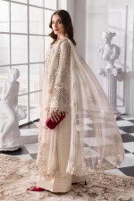 Pakistani clothing brands maria b new embroidered collection, 3 piece chiffon suit, offwhite, BD-3007, dupatta and trouser