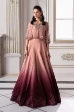 Pakistani clothing brands maria b new embroidered collection, unstitched chiffon saree or lehenga style with blouse, ash pink ombre colour, BD-3001, front style 2