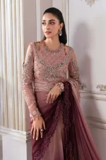 Pakistani clothing brands maria b new embroidered collection, unstitched chiffon saree or lehenga style with blouse, ash pink ombre colour, BD-3001, front blouse