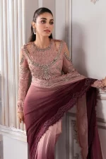 Pakistani clothing brands maria b new embroidered collection, unstitched chiffon saree or lehenga style with blouse, ash pink ombre colour, BD-3001, blouse neck style