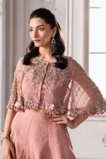 Pakistani clothing brands maria b new embroidered collection, unstitched chiffon saree or lehenga style with blouse, ash pink ombre colour, BD-3001, front style 2