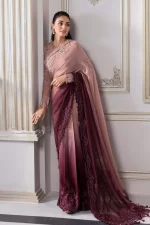 Pakistani clothing brands maria b new embroidered collection, unstitched chiffon saree or lehenga style with blouse, ash pink ombre colour, BD-3001, saree