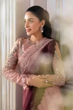 Pakistani clothing brands maria b new embroidered collection, unstitched chiffon saree or lehenga style with blouse, ash pink ombre colour, BD-3001, sleeves