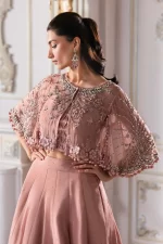 Pakistani clothing brands maria b new embroidered collection, unstitched chiffon saree or lehenga style with blouse, ash pink ombre colour, BD-3001, front blouse and lehenga