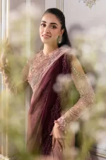 Pakistani clothing brands maria b new embroidered collection, unstitched chiffon saree or lehenga style with blouse, ash pink ombre colour, BD-3001