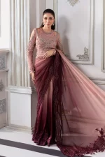 Pakistani clothing brands maria b new embroidered collection, unstitched chiffon saree or lehenga style with blouse, ash pink ombre colour, BD-3001, wedding collection