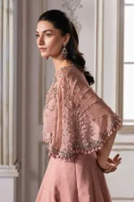 Pakistani clothing brands maria b new embroidered collection, unstitched chiffon saree or lehenga style with blouse, ash pink ombre colour, BD-3001, blouse embroidery