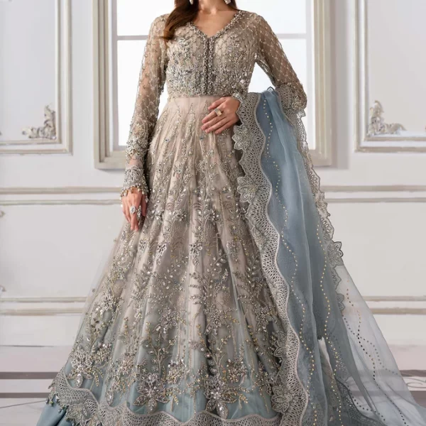 Pakistani clothing brands maria b new embroidered collection, unstitched chiffon suit, coffee to aqua colour, BD-3002, front
