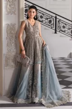 Pakistani clothing brands maria b new embroidered collection, unstitched chiffon suit, coffee to aqua colour, BD-3002, front shirt